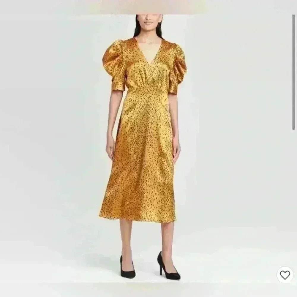 Who what wear Gold leopard print puff sleeve dress size large L